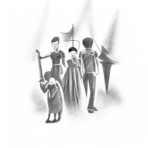 A Black And Grey Sketch Of A Family Of Musicians Traveling The World