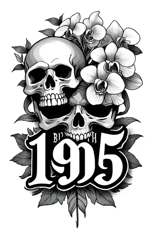 Birth Year 1995 Written In Old English With Some Skulls & Orchids