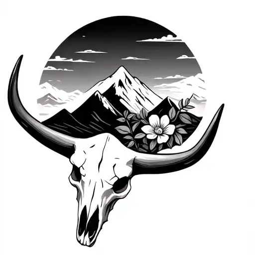 Steer Skull With Flowers And Mountains