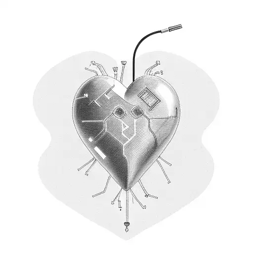 A Black And Grey Tattoo Of A Heart-shaped Circuit Board With 'Love' And 'Connection' Intertwined