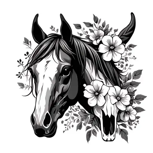 Steer Skull And Horse With Flowers