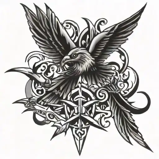 Neo Tribal Symbols Intertwined With A 4 Inch Swallow And A 3 Inch Dagger