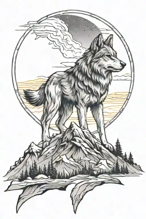 Make A Wolf With A Crown On Top Of A Mountain Watching The Sunset