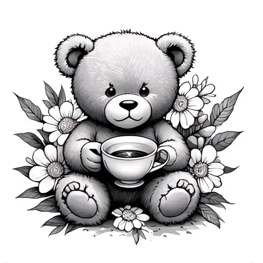 Teddy Bear Holding A Tea Cup Surrounded By Blooming Flowers