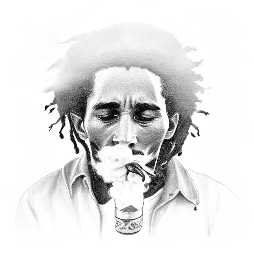 A Black And Grey Portrait Of Bob Marley Smoking A Joint