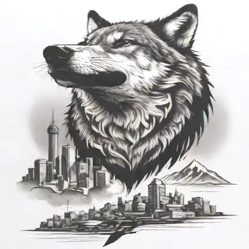Wolf Above A City Skyline