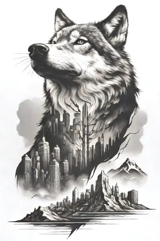 Wolf Above A City Skyline