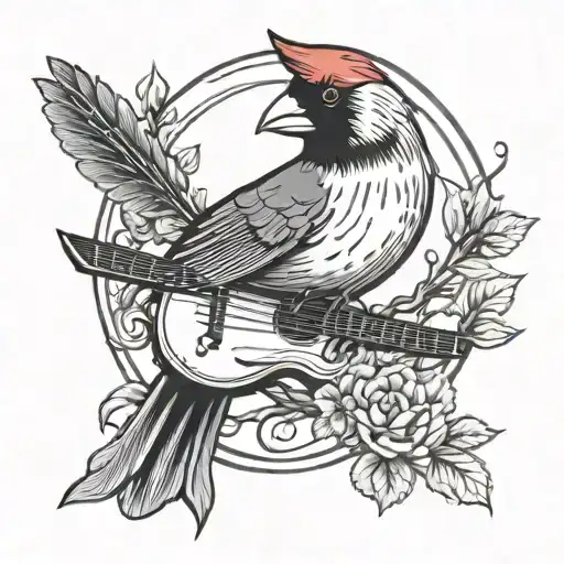 Acoustic Gutair With Red Cardinal Bird