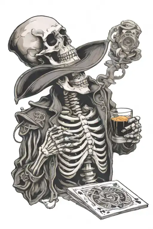 Skeleton Holding Cards And Drinking Whiskey