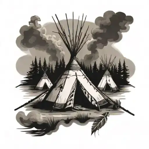Native American Camp Site With Smoke And Tipis