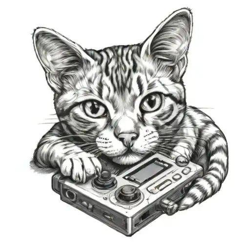A Realistic Black And Grey Portrait Of A Cat With A Game Console