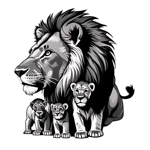 Lion With Three Cubs