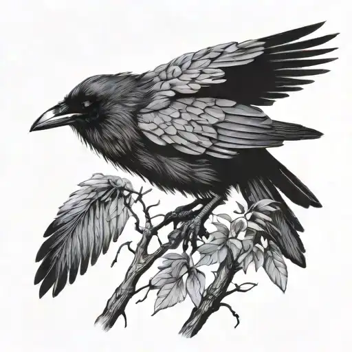 Raven Sitting Facing Left Side Profile Holding Branch