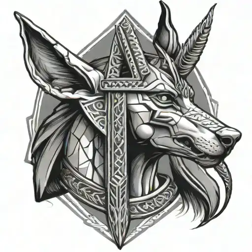 Anubis Portrait With Half Over Two Pyramids