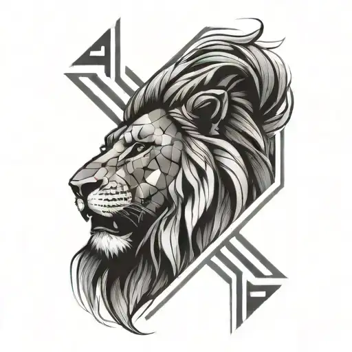 Half Geometric Lion Roaring Lion's Head With Vertical Lines