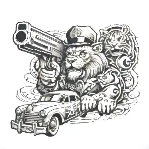 Lion With Dollars Donald Duck Retro Car And Gun Realism