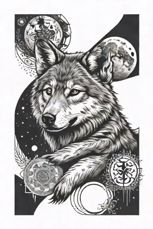 Wolf Cub With Moon Phases