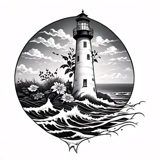 Lighthouse With Waves And Flowers