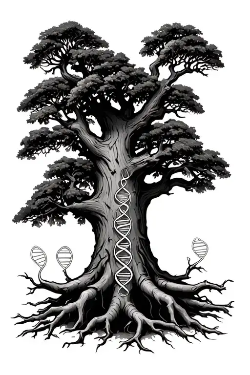 German Oak With 5 Roots And A Dna Strand In The Tree Trunk