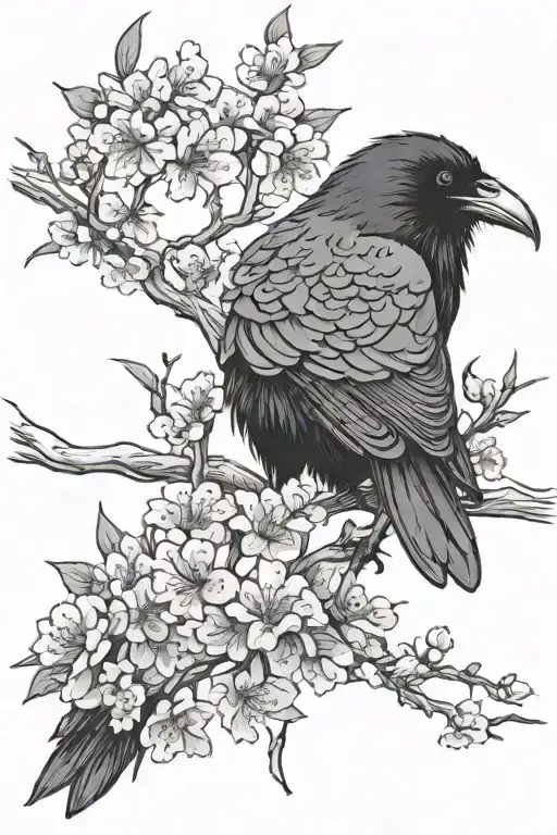 Raven With Red Eyes In Between Branches With Cherry Blossoms
