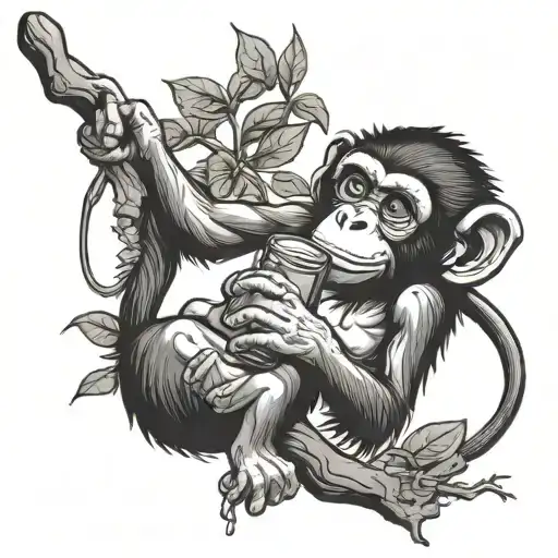 Monkey Having Alcoholic Drink Hanging Off Tree With One Arm