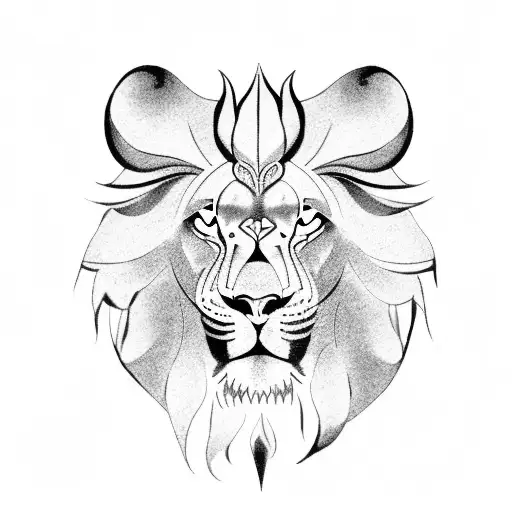 A Black-grey Tattoo Depicting A Powerful Lion In A Religious Setting