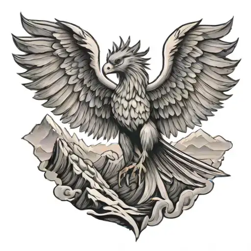 Griffin Soaring Phoenix Atop A Mountain