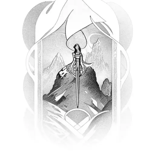 Art Nouveau Style Queen Of Swords Tarot Card With Full Body And Mountain Scenery In Background