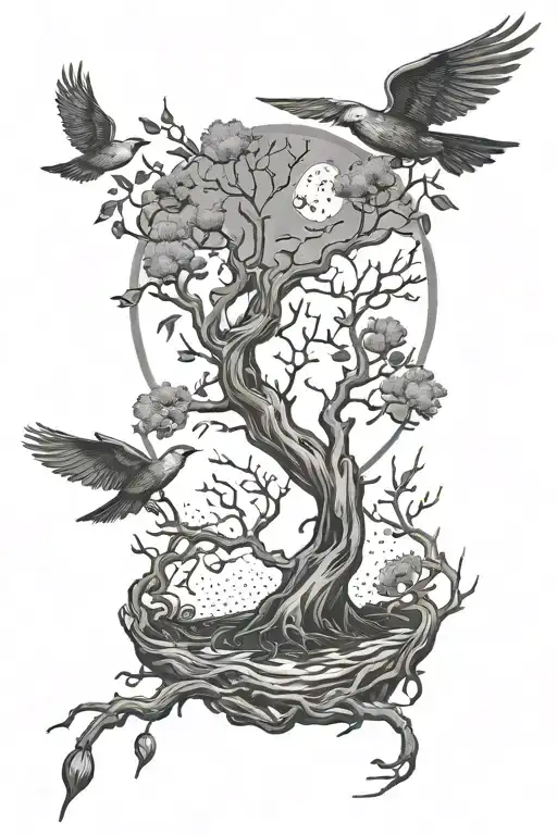 Poison Tree With Birds And Moon Surrounded