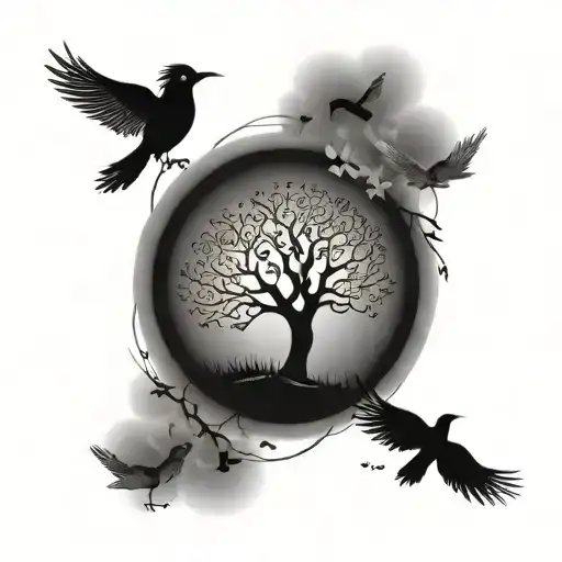 A Tree Of Life With Birds Flying Away