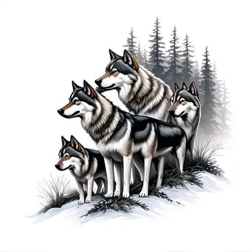 8 Wolves In A Forest Scene