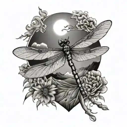 Dragonfly With Sun Sea And Mountain Behind