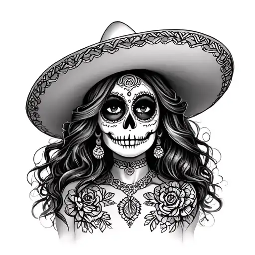 Day Of The Dead Mexican Women With Sombrero