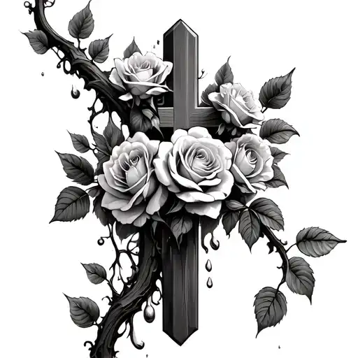 Cross A Vine Growing Up It And Roses With Water Somehow Incorporated