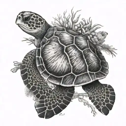 Realistic Sea Turtle With Ocean And Corals Surrounded