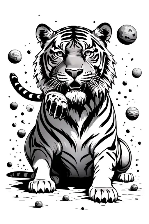 Mythological Style Tiger Stretching Paw Out Infront And Crushing Planets Under Its Hinde Legs