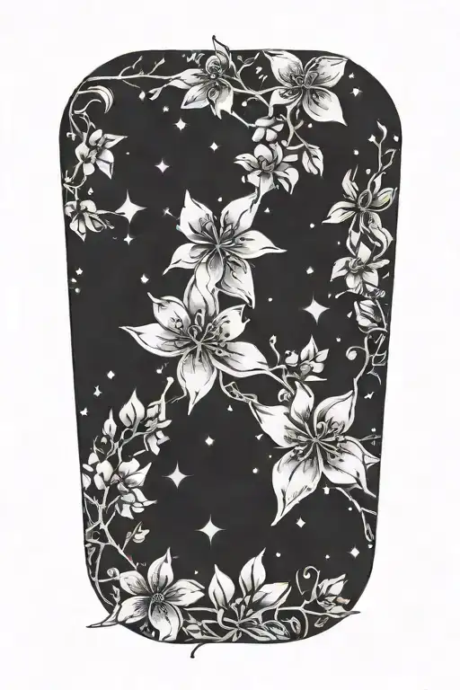 Black And Gray Soft Shading Lilac Blooms And A Night Sky Constellation