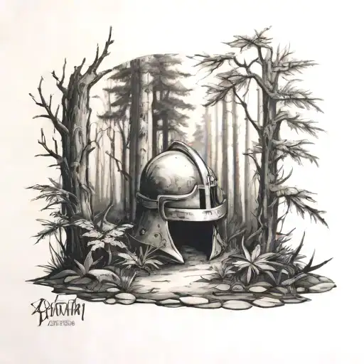 Forest With A Small Knight Helmet On The Ground In The Background