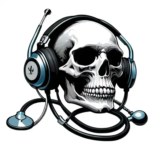 Skull Medieval Doctor Headphones And Stethoscope Intertwined