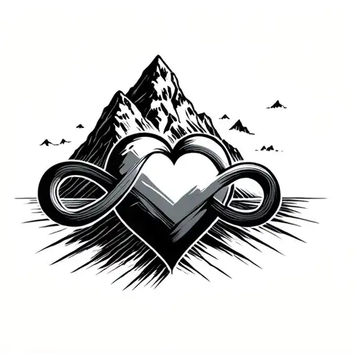 Heart With Infinite Logo Combined Together With Thick Lined Mountain Behind It