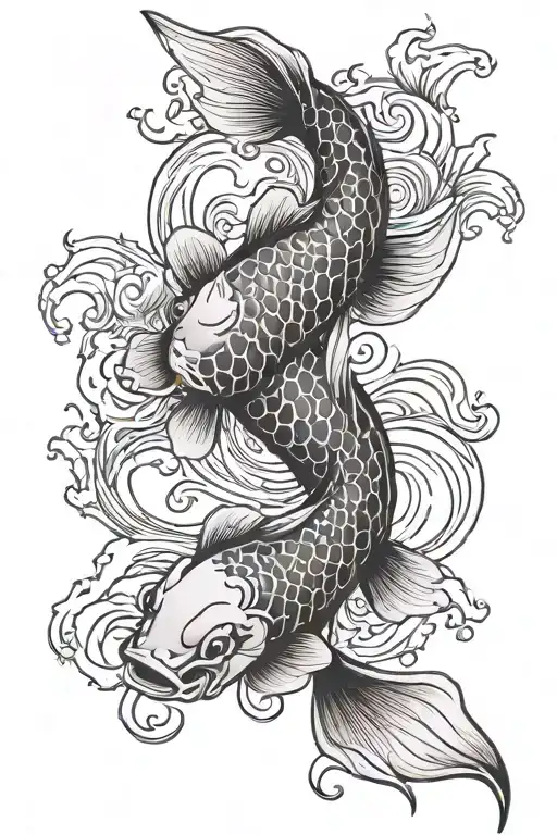 Fish Koi With Suminagashi Background Black And White