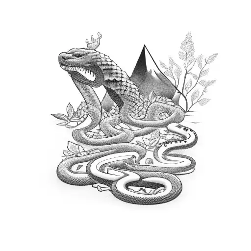 A Black-grey Tattoo Of A Camping Scene With Snakes And Flowers Intertwined