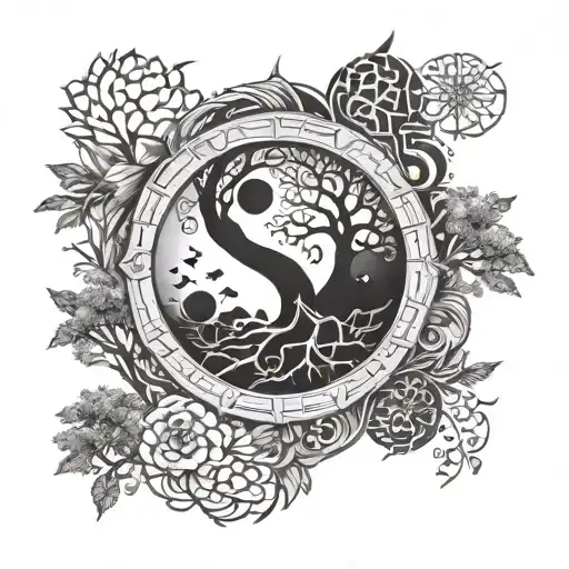 Yin Yang And Tree Of Life Intertwined With Pyramids