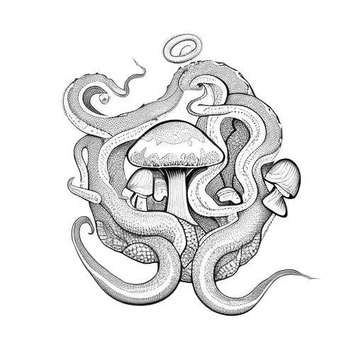 A Blackwork Tattoo Of A Snake Coiled Around A Mushroom