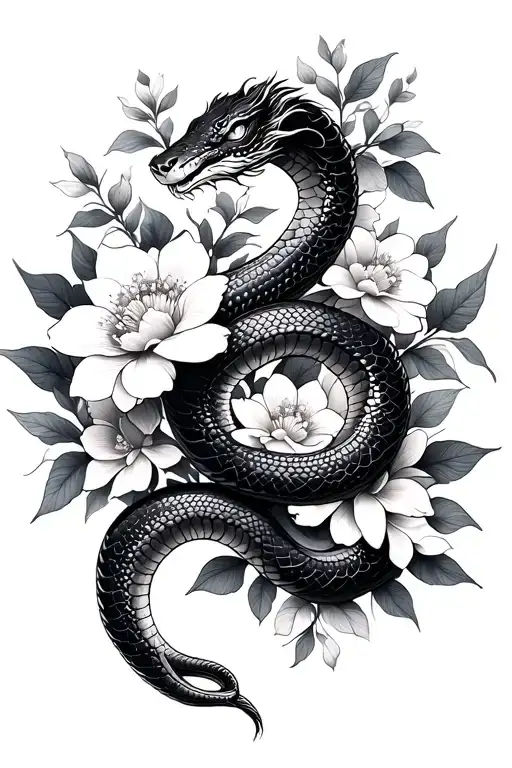 Chinese Snake With Flowers Intertwined
