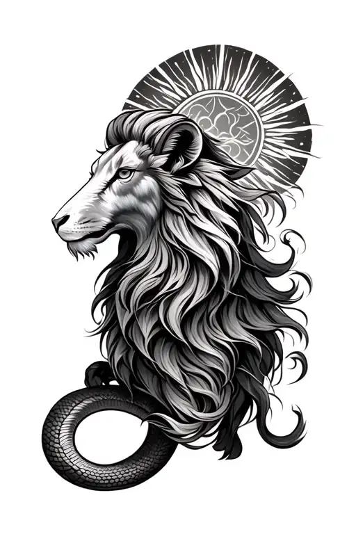 Chimera Lion Goat And Snake Tail With Flowing Hair And Sun