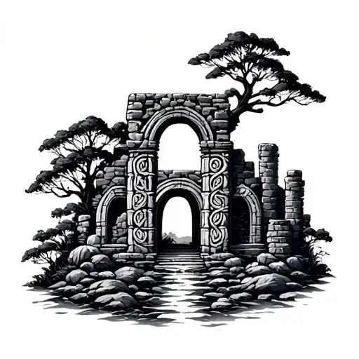 Celtic Ruins With Nature Elements Like Trees