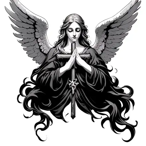 Female Angel Praying With Cross
