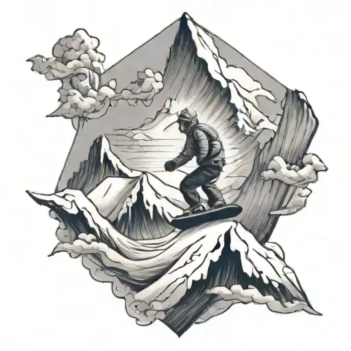 Mountain Range With A Snowboarder Carving Through The Snow