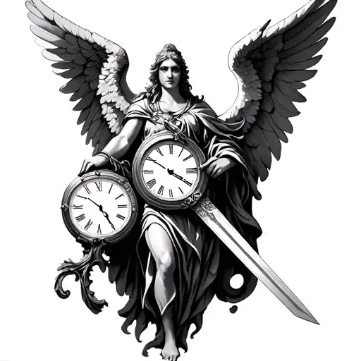 Protector Angel Holding A Sword And Time Clocks Side By Side
